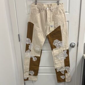 MNML Baggy Patchwork And Lace Jeans Size 28 New High Rise Straight Cream Brown